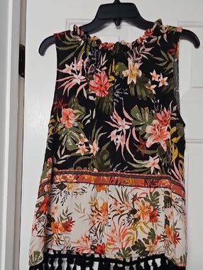 Style & Co Black Floral Tank with Pink & Green Accents